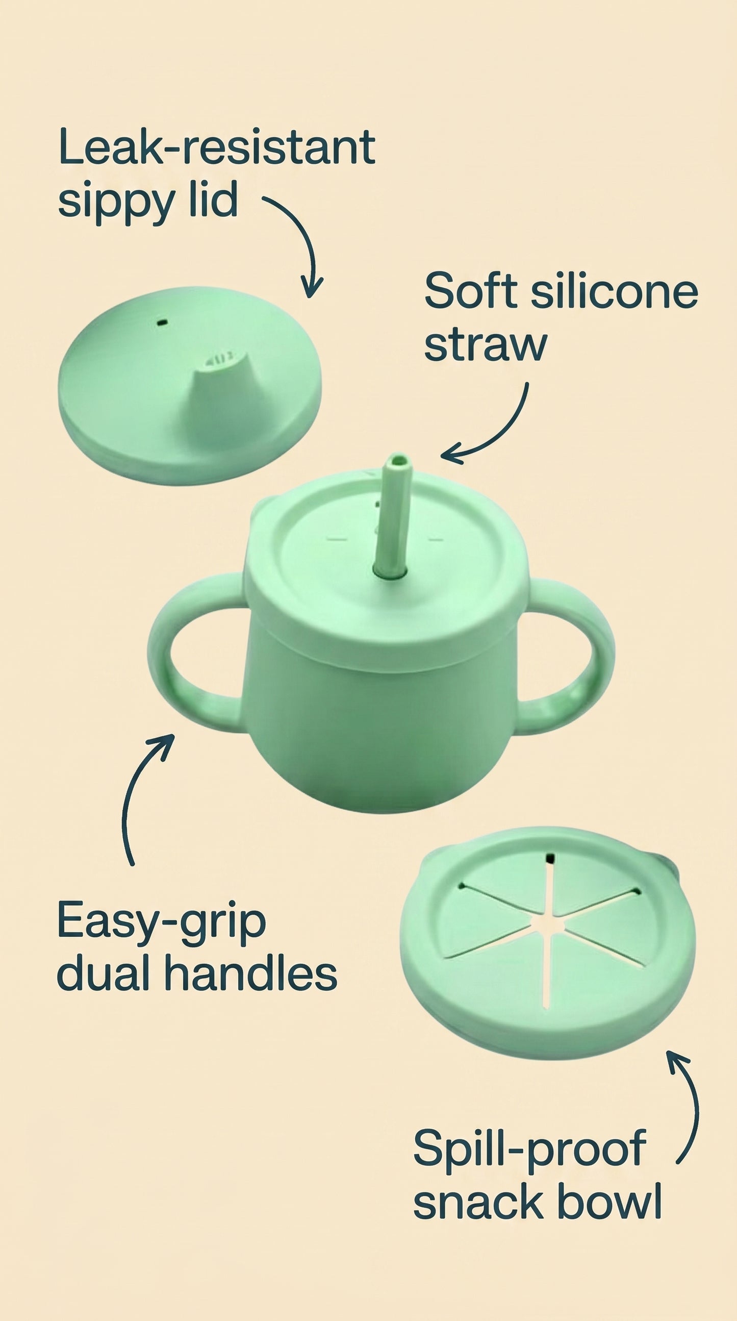 3 in 1 silicone transition cup for babies and toddlers. Featuring sippy lid, silicone straw and spill-proof snack cover.