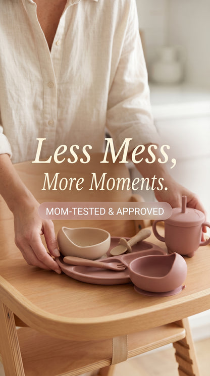 Modern silicone feeding set for toddlers ages 6 months and older. BPA free mealtime essential.