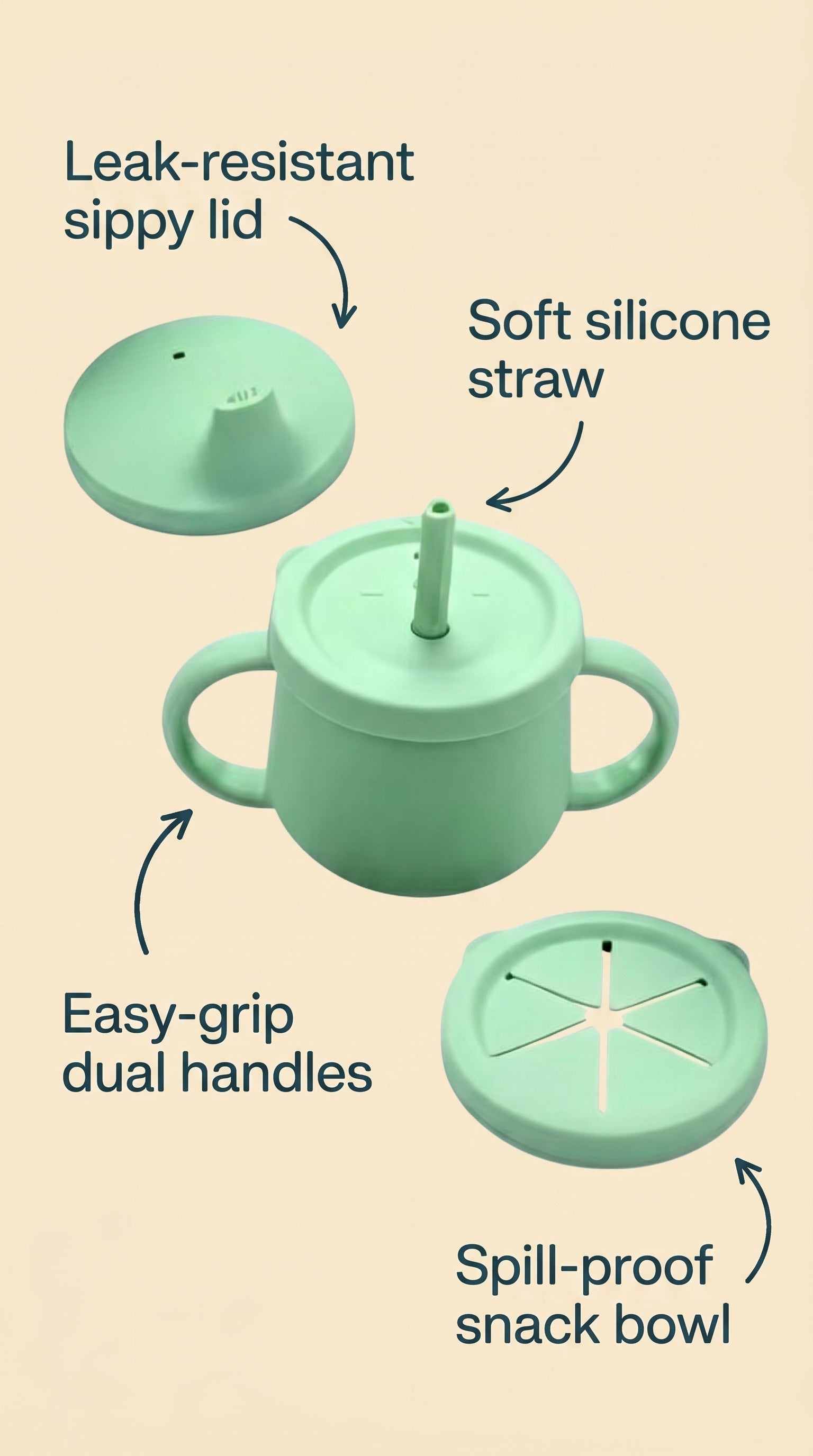 3 in 1 silicone transition cup for babies and toddlers. Featuring sippy lid, silicone straw and spill-proof snack cover.