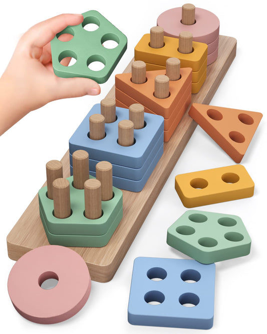 Wooden shape sorter and color stacker toy for toddlers screen-free play.
