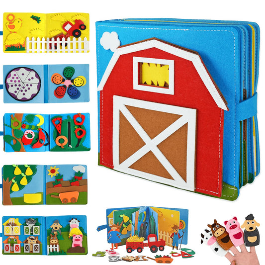 Montessori quiet book made from felt, for toddlers. Supports development of fine motor skills, learning colors and numbers. Screen-free learning.