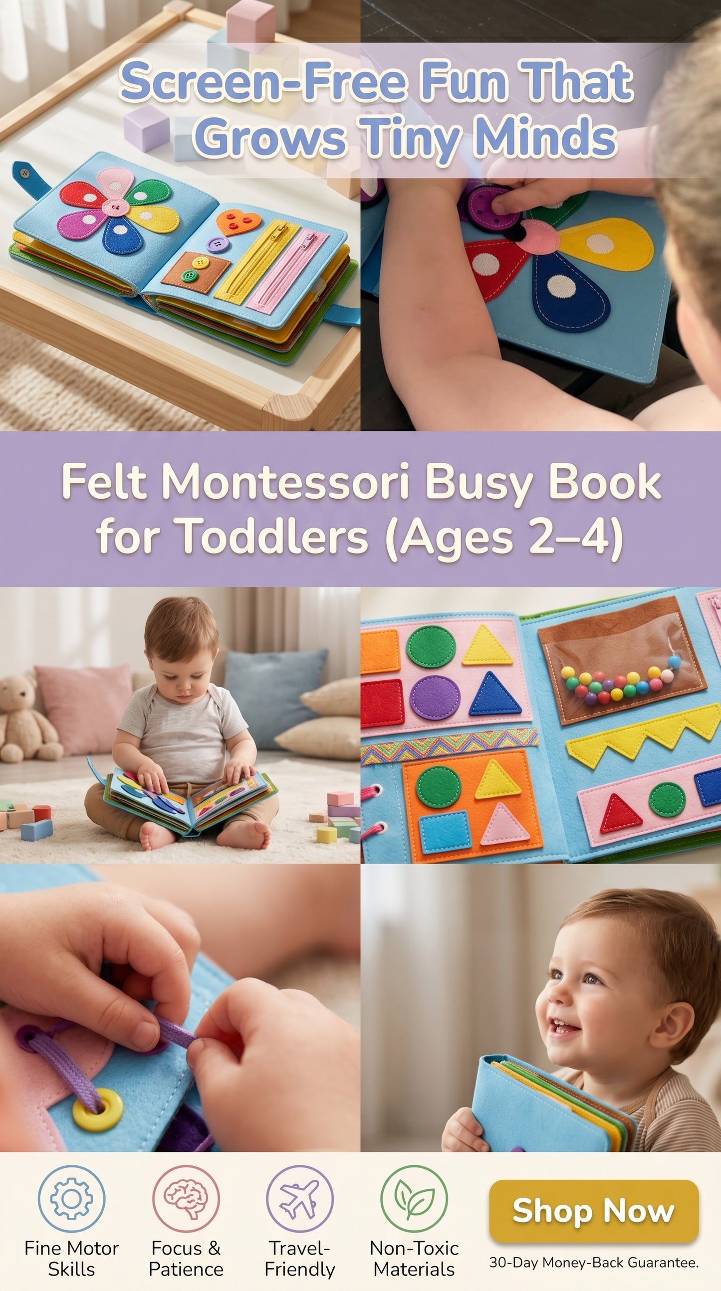 Montessori quiet book made from felt, for toddlers. Supports development of fine motor skills, learning colors and numbers. Screen-free learning.