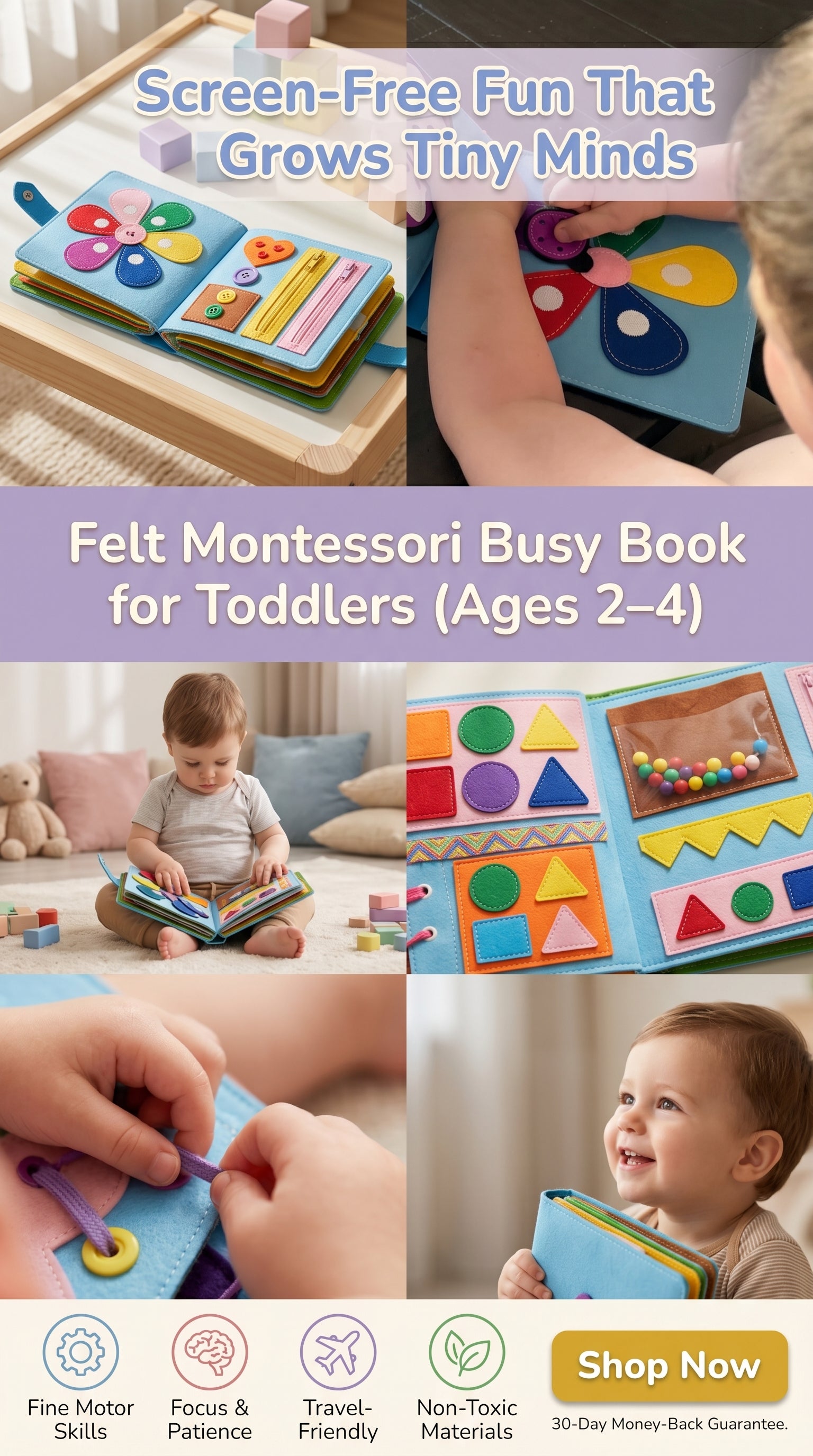 Montessori quiet book made from felt, for toddlers. Supports development of fine motor skills, learning colors and numbers. Screen-free learning.