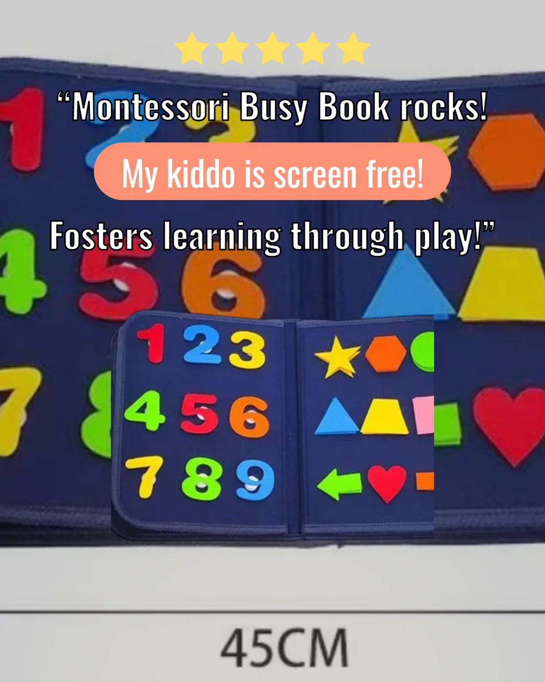 Montessori busy book for toddlers with buckles, zippers and laces for screen-free play. Supports development of fine motor skills.
