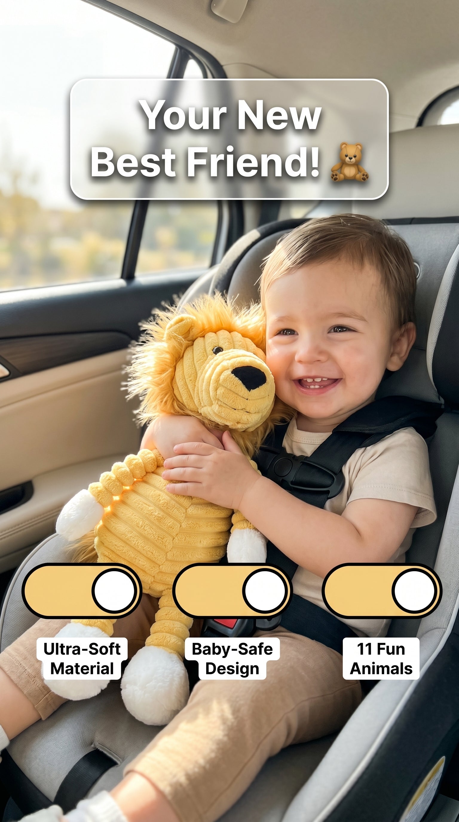 Soft plush stuffed animal toys for toddlers, for comfort and play, useful for nap time, travel, on the go.