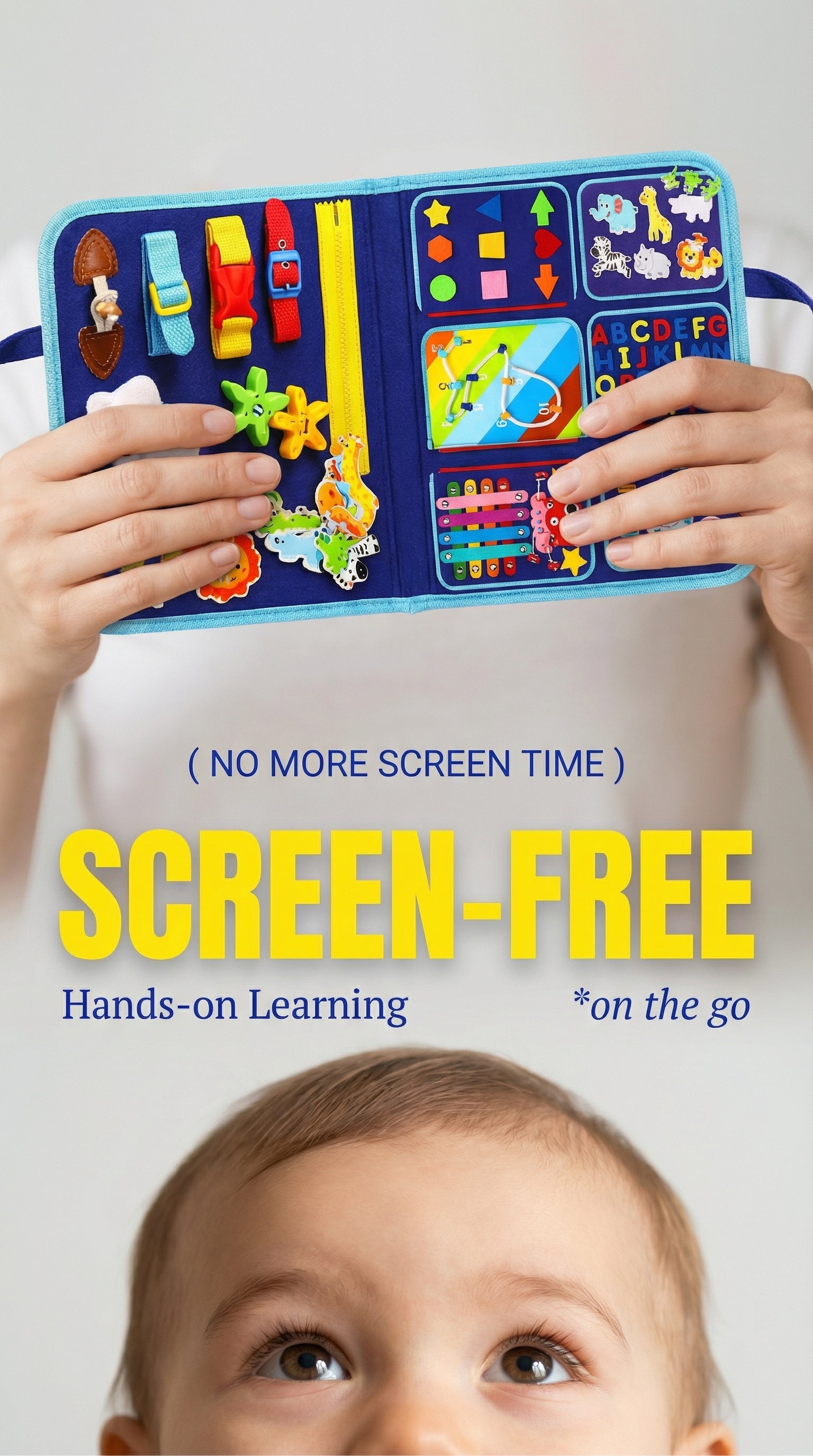 Montessori busy book for toddlers with buckles, zippers and laces for screen-free play. Supports development of fine motor skills.