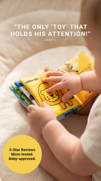 Baby sensory soft book set for infant development and early learning. baby holding book and feeling the soft pages.