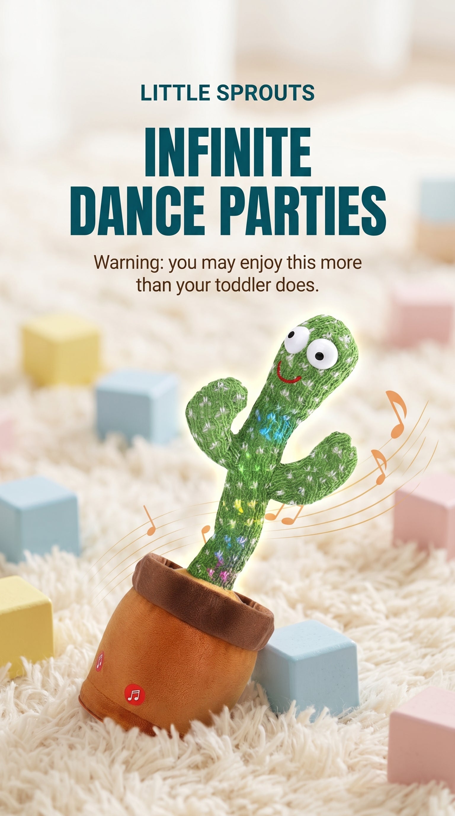 Dancing and talking cactus toy for toddlers, interactive screen-free play.