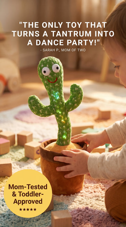 Dancing and talking cactus toy for toddlers, interactive screen-free play.