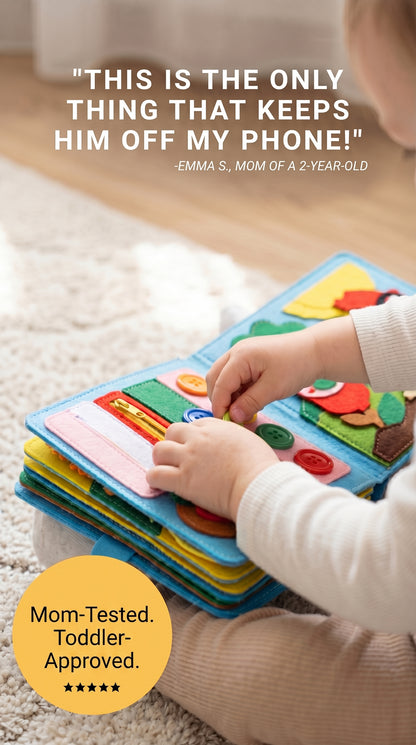 Montessori quiet book made from felt, for toddlers. Supports development of fine motor skills, learning colors and numbers. Screen-free learning.