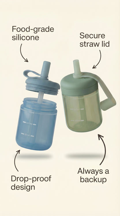 Silicone straw cup for toddler, 2-pack spill proof and shatter resistant mealtime essential.