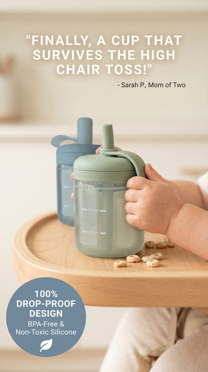 Silicone straw cup for toddler, 2-pack spill proof and shatter resistant mealtime essential.
