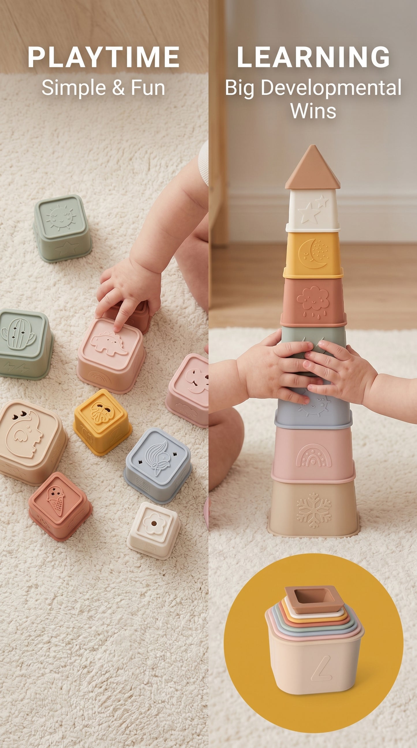 Silicone stacking cups set for babies and toddlers sensory play.