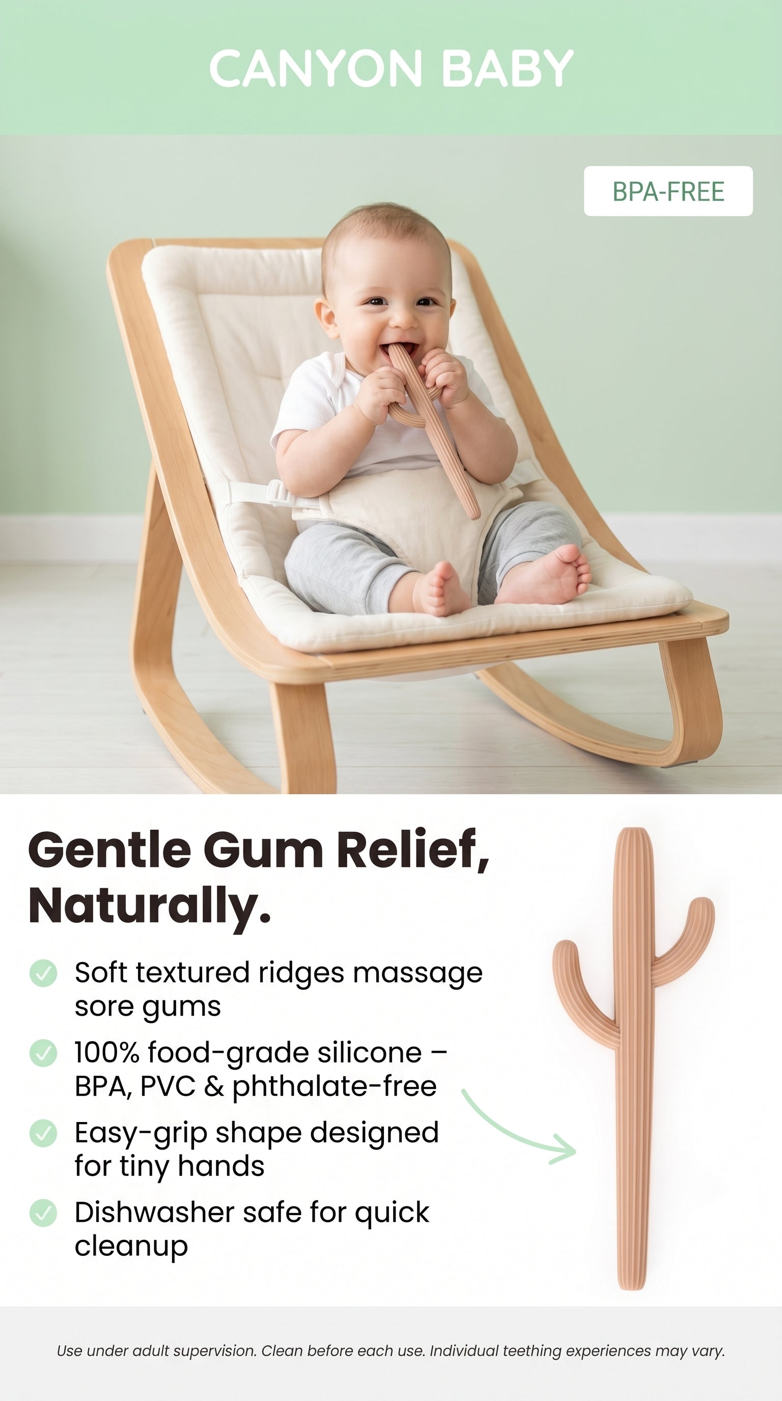 Cactus silicone teether for babies BPA free soothing toy.