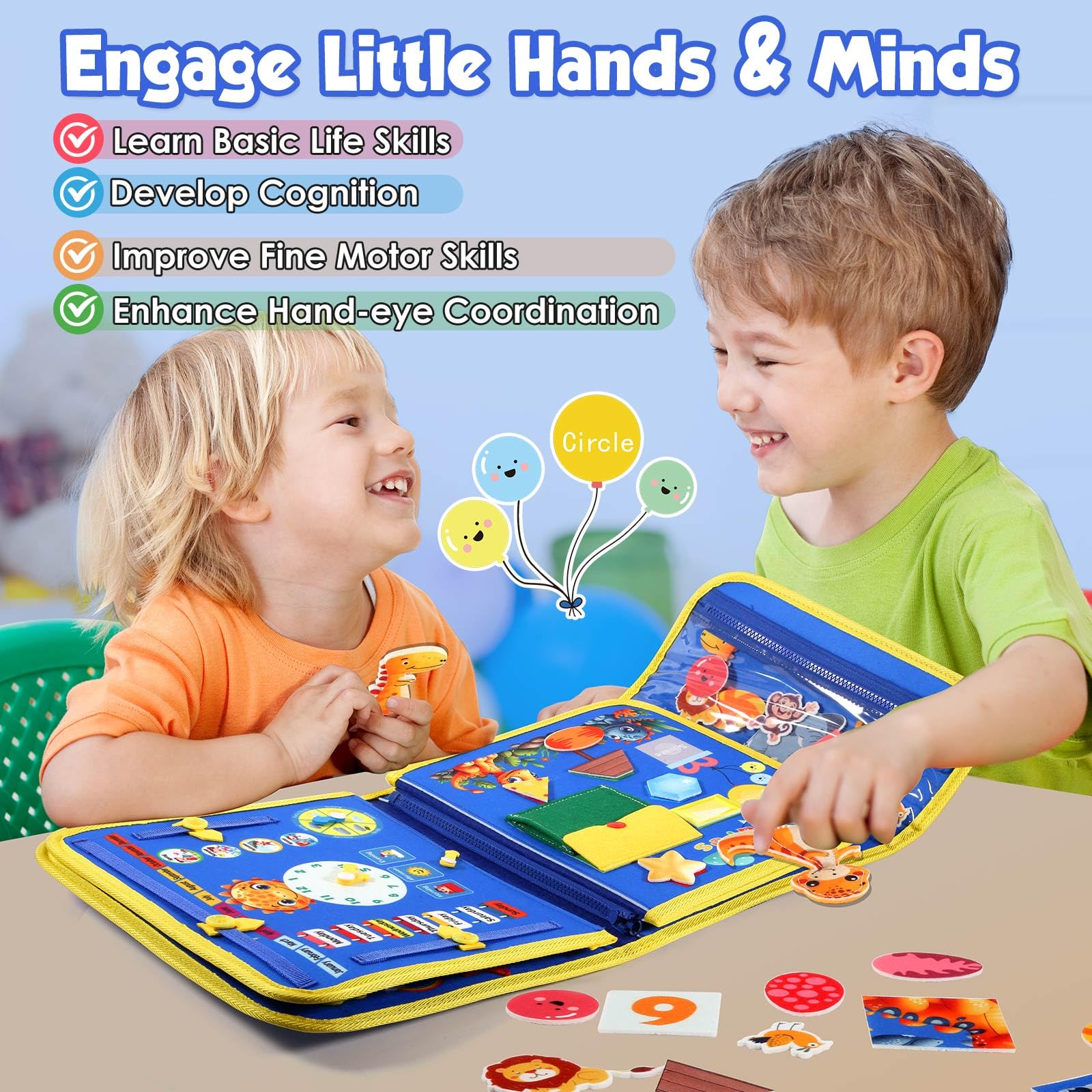 Montessori busy book for toddlers with buckles, zippers and laces for screen-free play. Supports development of fine motor skills.