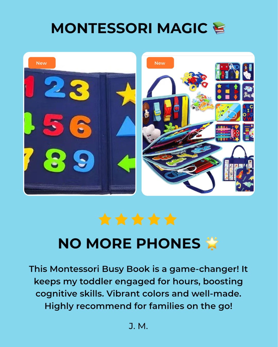 Montessori busy book for toddlers with buckles, zippers and laces for screen-free play. Supports development of fine motor skills.